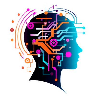 a futuristic side profile of a digital brain as the brand logo representing Inevitability AI